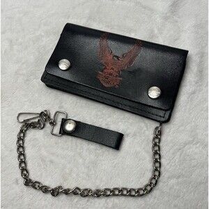 80's Vintage Harley Davidson Black USA Leather Wallet With Chain Eagle Logo Red
